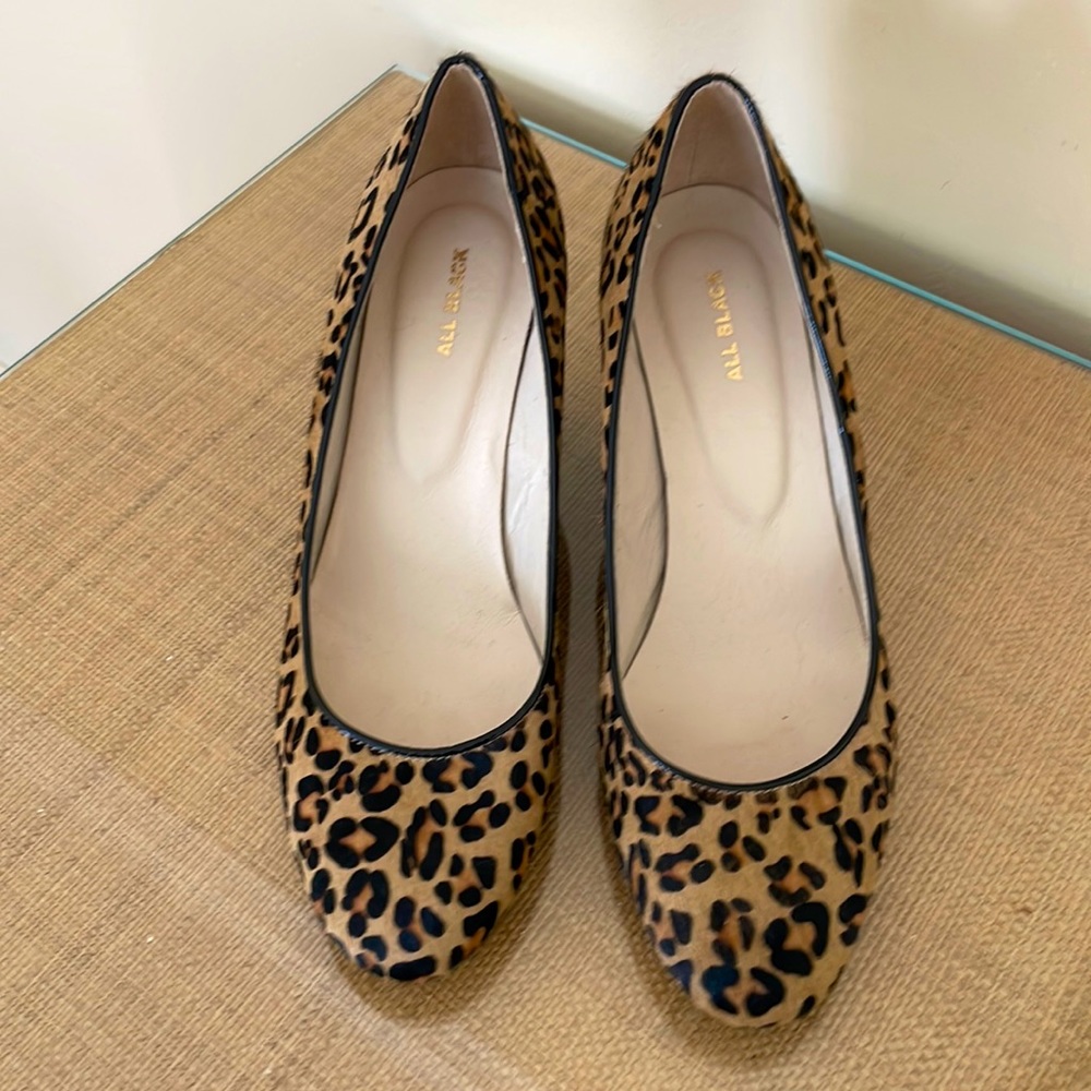 All Black Calf Hair Leopard Heels with Patent Wedge - Size 38.5